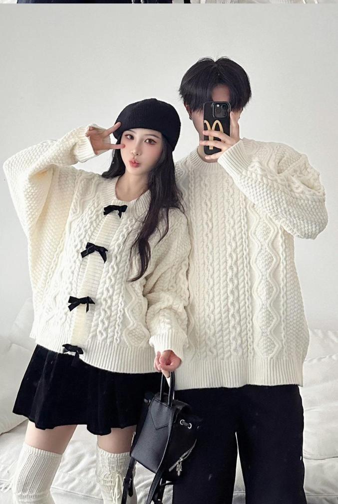 Couple Matching Round Neck Plain Cable Knit Sweater / Bow Cardigan Product Image