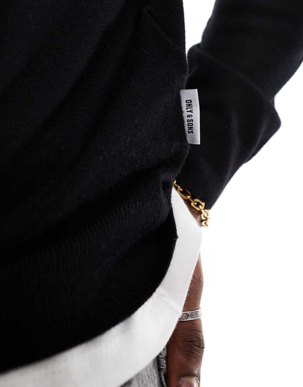 ONLY & SONS 1/4 zip knitted sweater in black Product Image