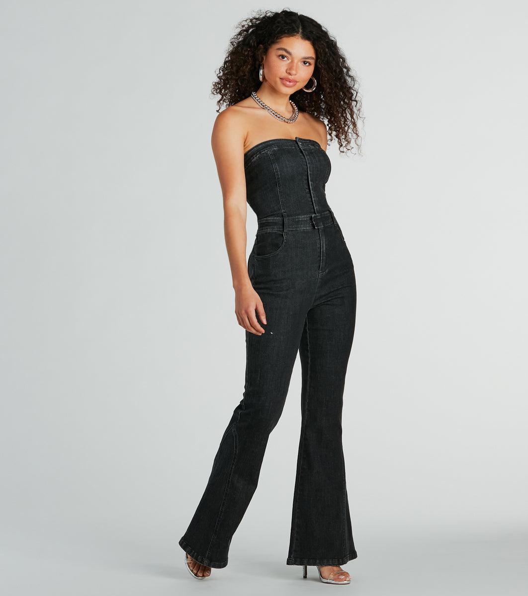Flirty Retro Strapless Flare Denim Jumpsuit Product Image
