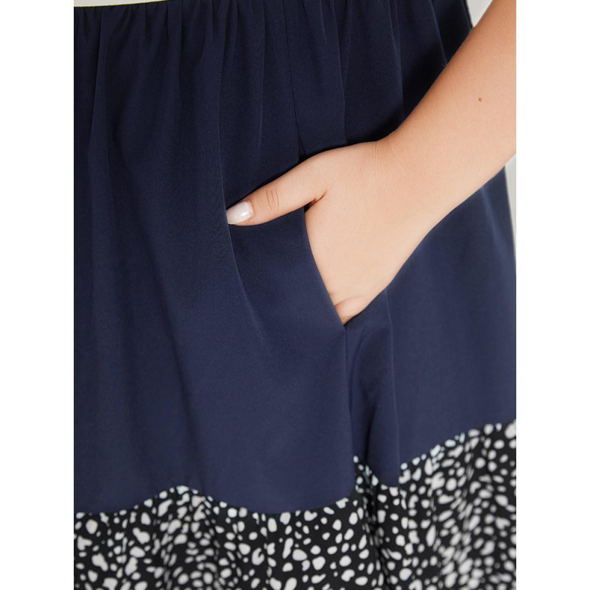 Plus Size Leopard Print Patchwork Ruffle Cap Sleeve Keyhole Dress DarkBlue Women Elegant Patchwork Keyhole Cut-Out Cap Sleeve Curvy Knee Dress BloomChic 14-16/1X Product Image