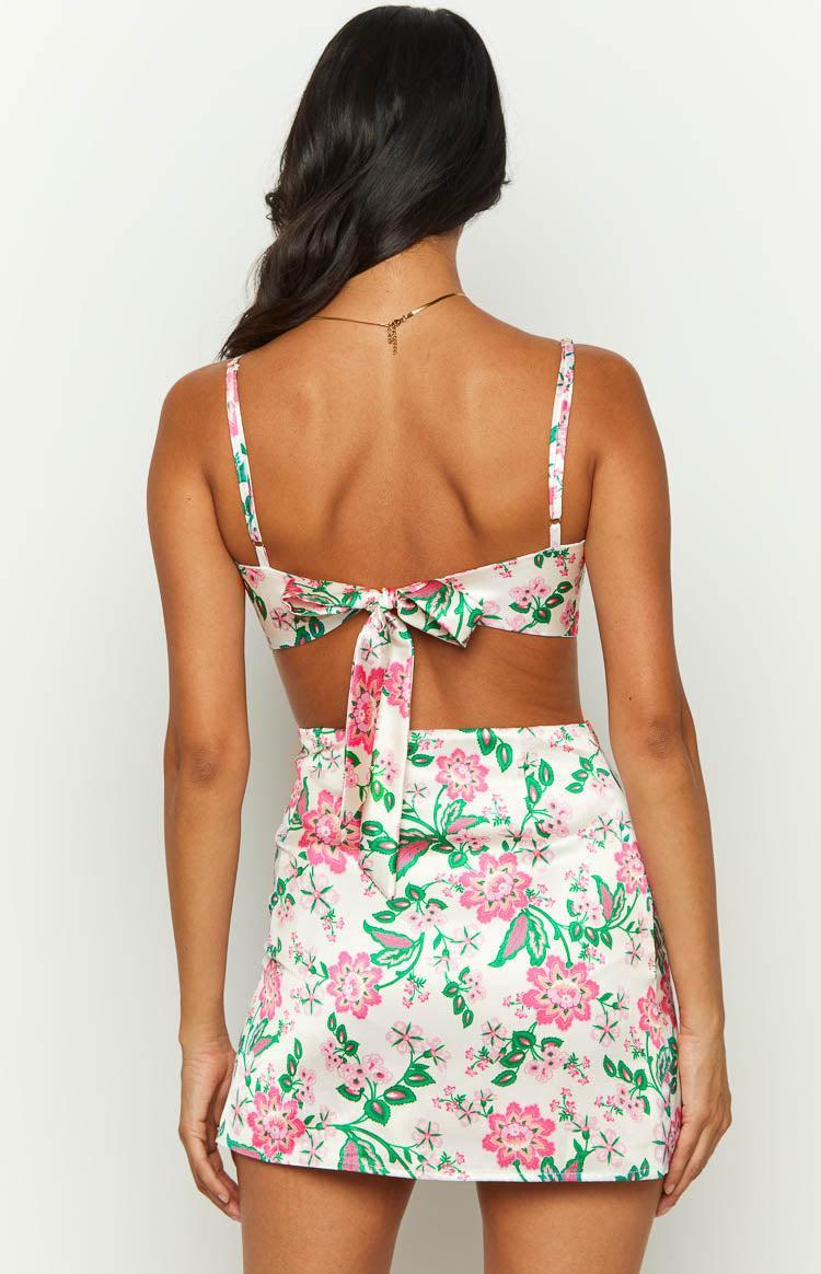 Miranda White Floral Tie Back Satin Crop Top Product Image