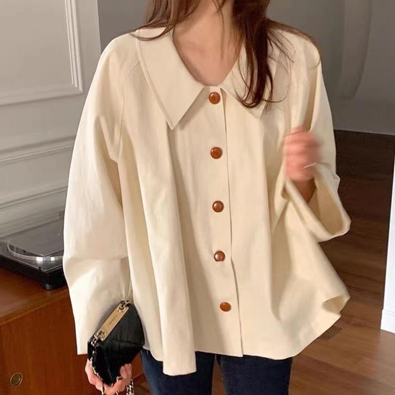 Long Sleeve Lapel Collared Plain Oversized Shirt Product Image
