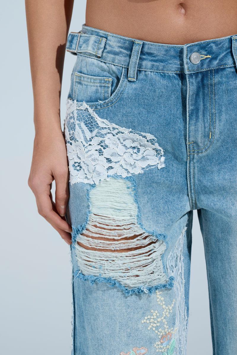 PICKING PEDALS FLORAL AND LACE DETAIL DENIM PANTS Product Image