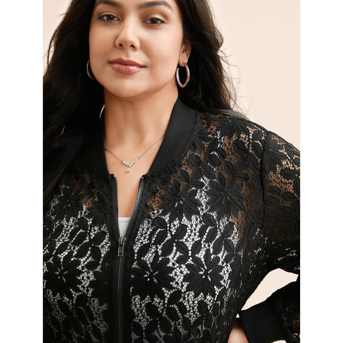 Plus Size Lace Panel Zipper See Through Jacket Women Black See through Everyday Jackets BloomChic 28/5X Product Image
