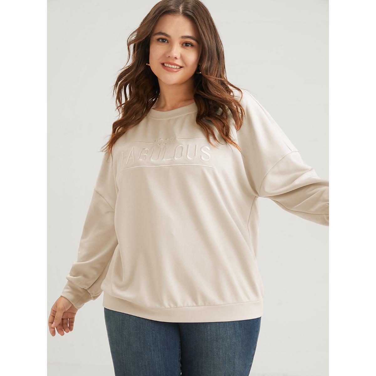Plus Size Solid Letter Embroidered Drop Shoulder Sweatshirt Women Beige Casual Embroidered Loose Round Neck Dailywear Sweatshirts BloomChic 26/4X Product Image