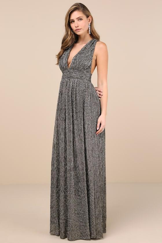 Looking Radiant Black and Gold Metallic Maxi Dress Product Image