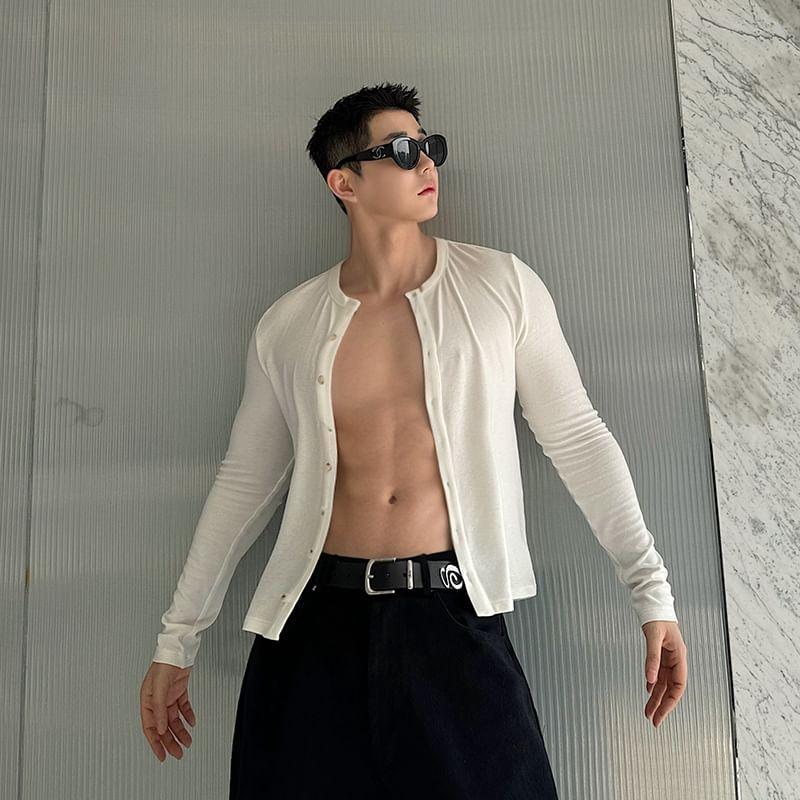 Long Sleeve Round Neck Plain Button Top Product Image