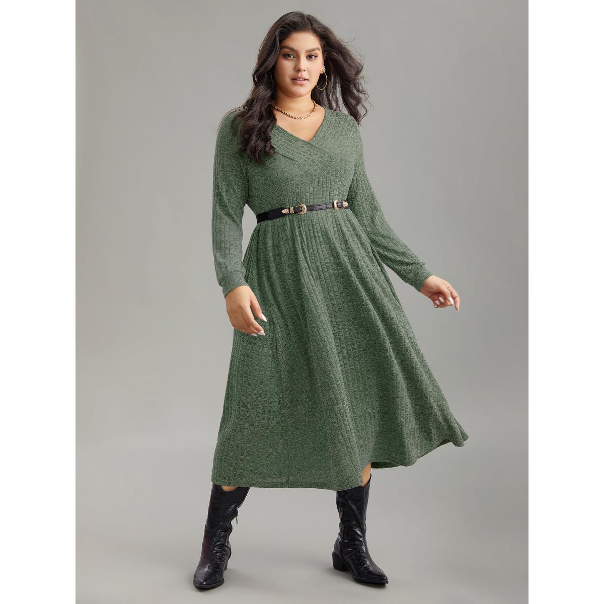 Plus Size Rib Knit Plain Plisse Long Sleeve Dress ArmyGreen Women Casual Rib Knit V-neck Long Sleeve Curvy Midi Dress BloomChic 10/M Product Image