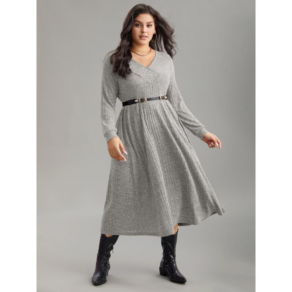 Plus Size Rib Knit Plain Plisse Long Sleeve Dress LightGray Women Casual Rib Knit V-neck Long Sleeve Curvy Midi Dress BloomChic 30/6X Product Image