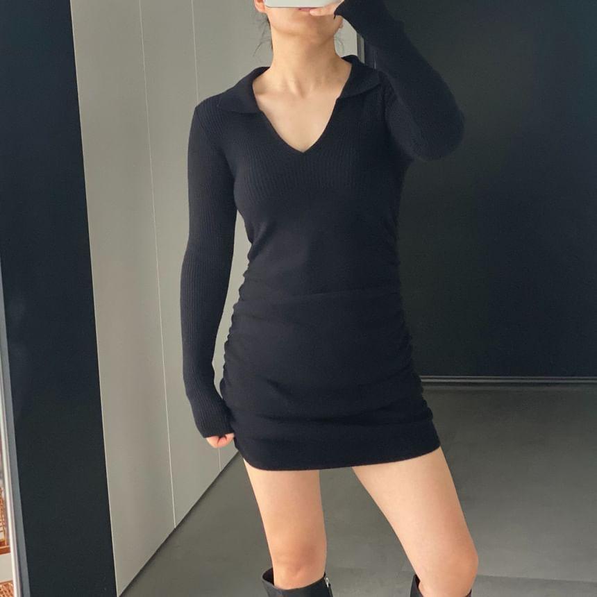 Long Sleeve V-Neck Plain Ruched Knit Bodycon Mini Dress Product Image