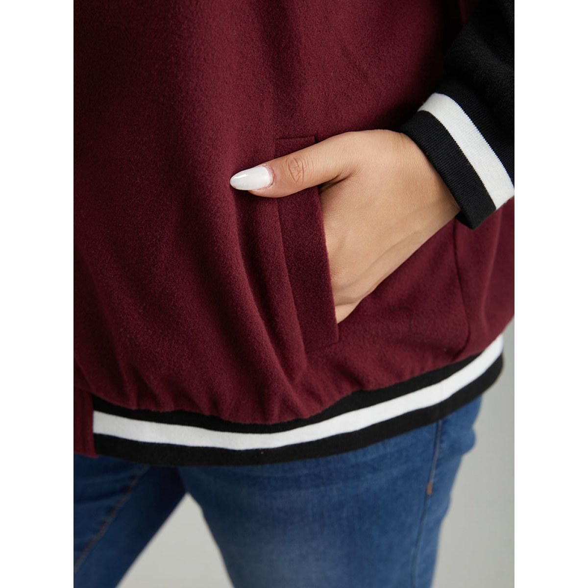 Plus Size Contrast Trim Pocket Button Fly Bomber Jacket Women Burgundy Contrast Pocket Dailywear Jackets BloomChic 10/M Product Image