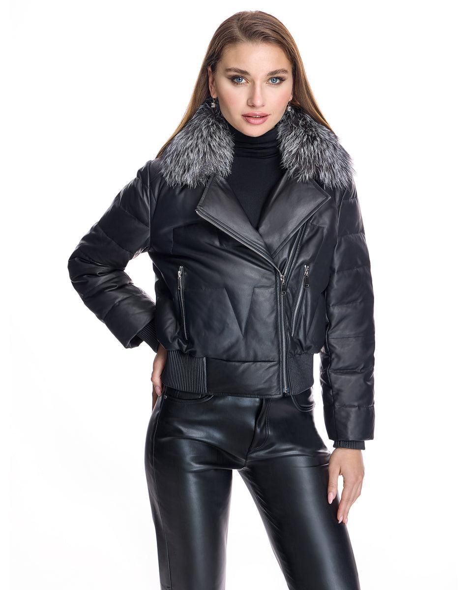Leather Bomber Jacket With Silver Fox Collar Product Image