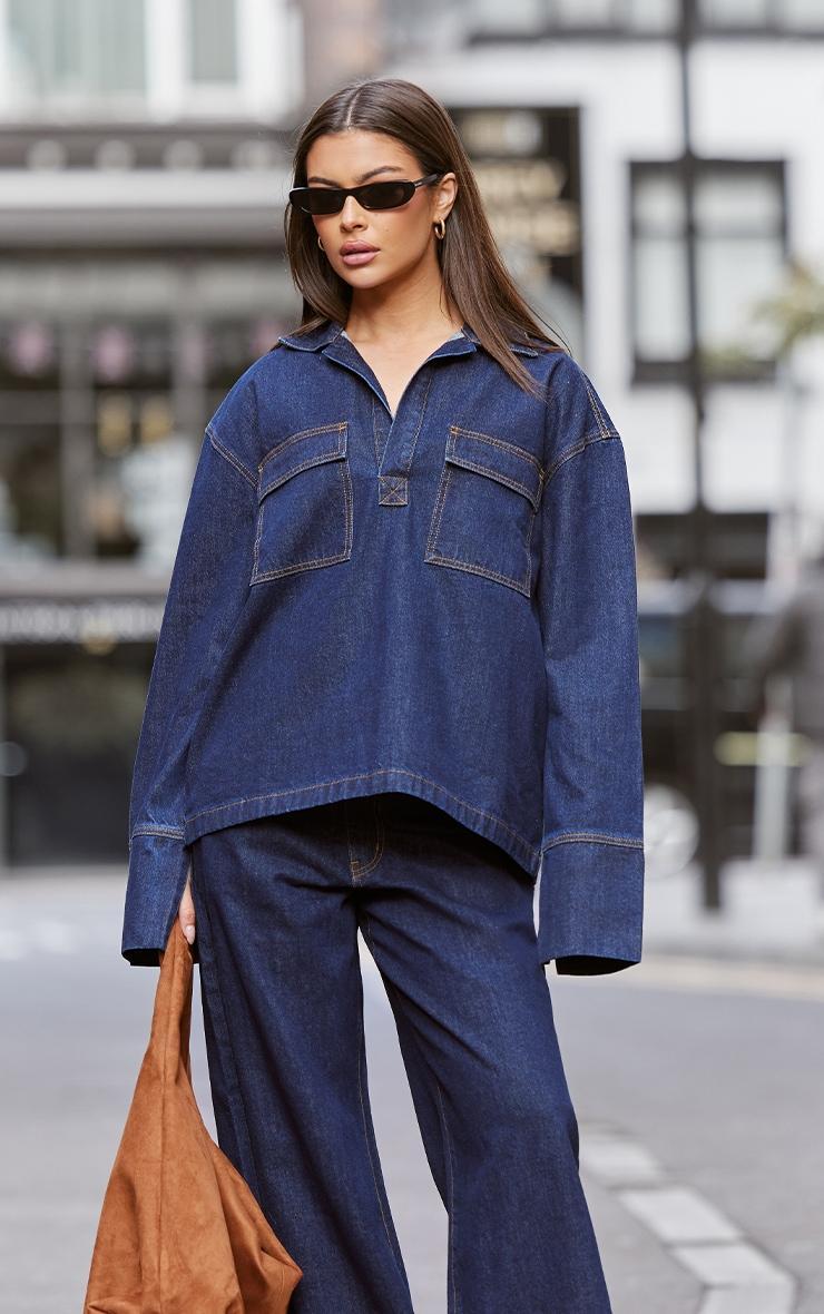 Inidgo Contrast Stitch High Waist Wide Leg Jeans Product Image