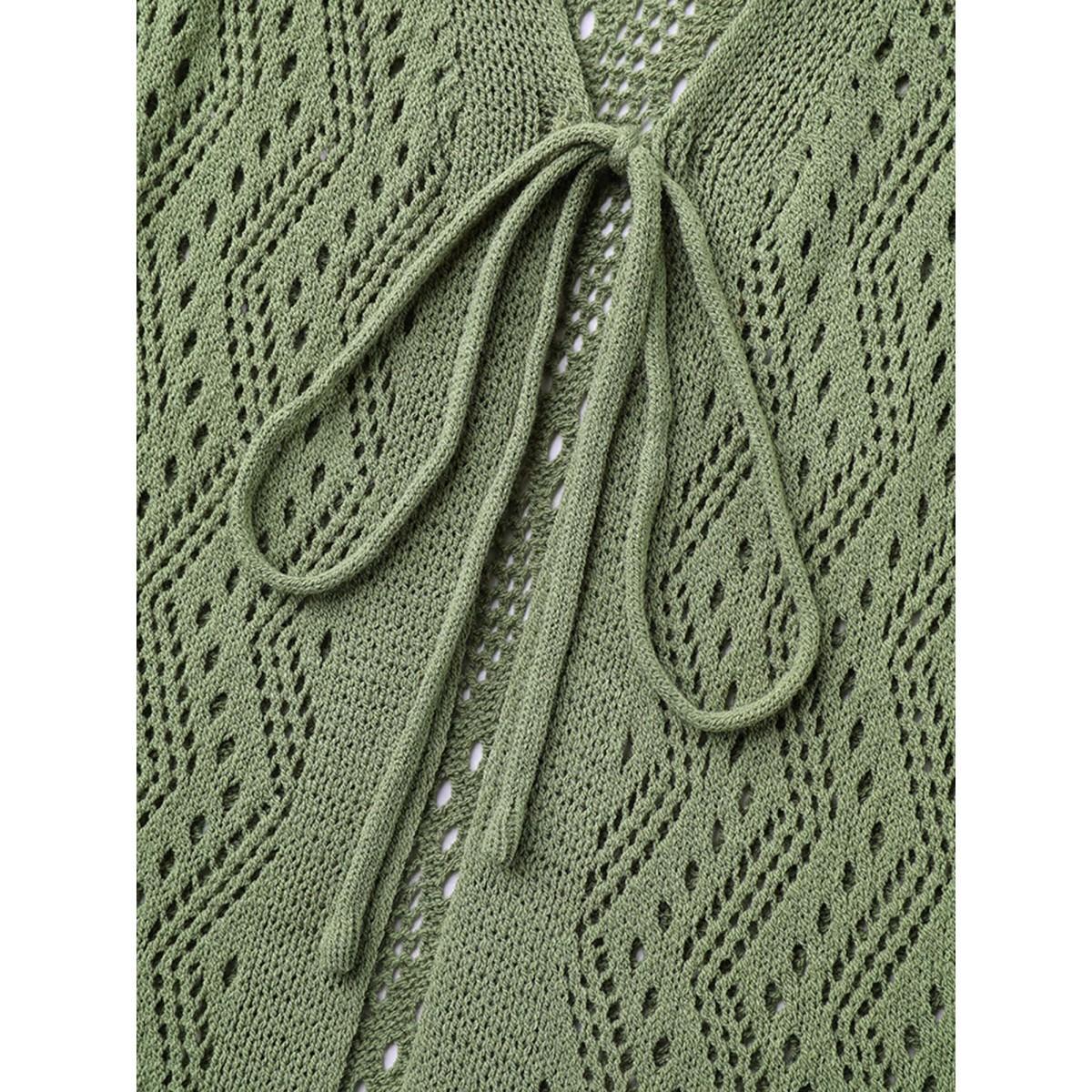 Plus Size Eyelet Trim Front Mid Tie Knit Cardigan Moss Women Casual Loose Long Sleeve Everyday-Casual Cardigans BloomChic 12/L Product Image