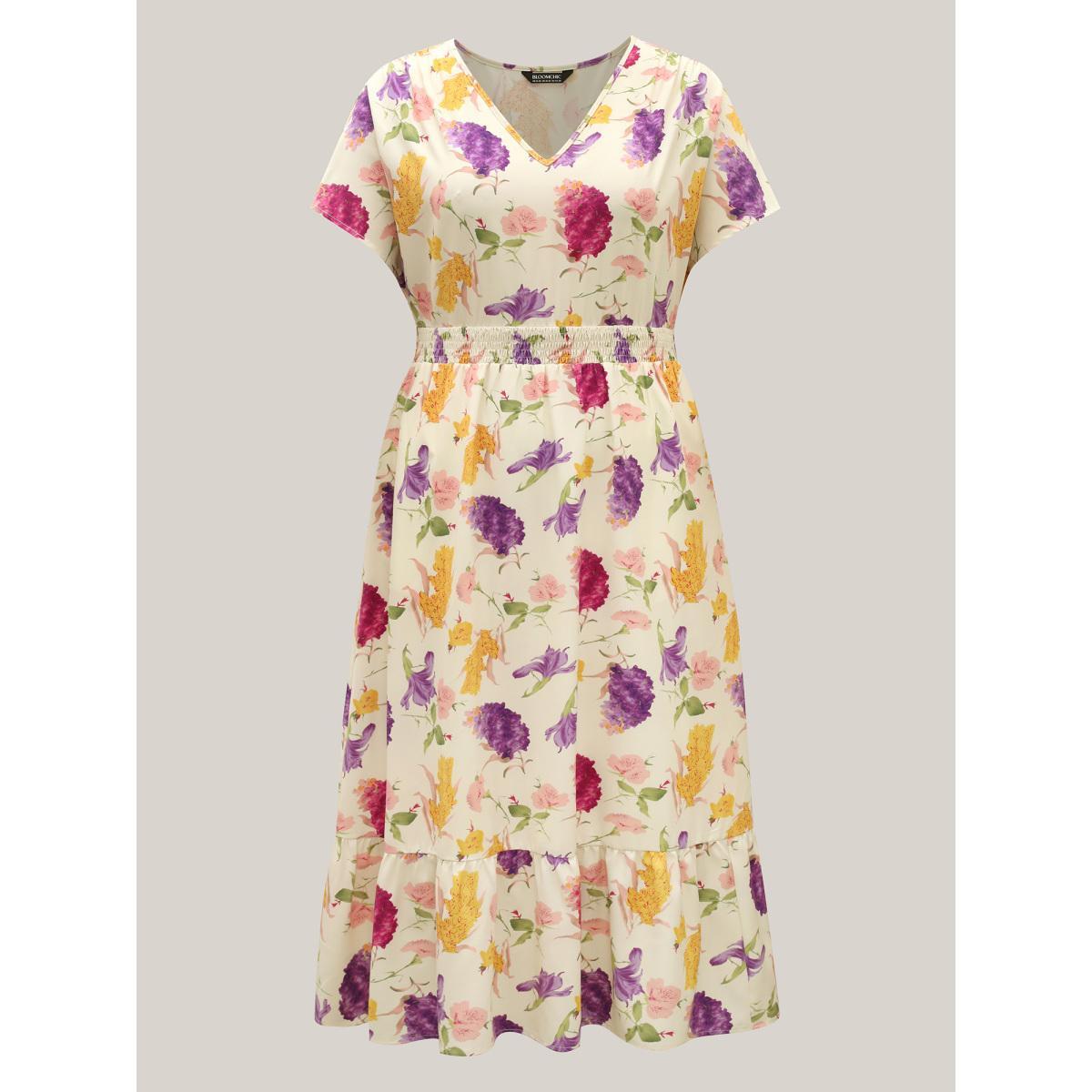 Plus Size Floral Fantasy Shirred Tiered Maxi Dress Beige Women V-neck Cap Sleeve Curvy BloomChic 28/5X Product Image
