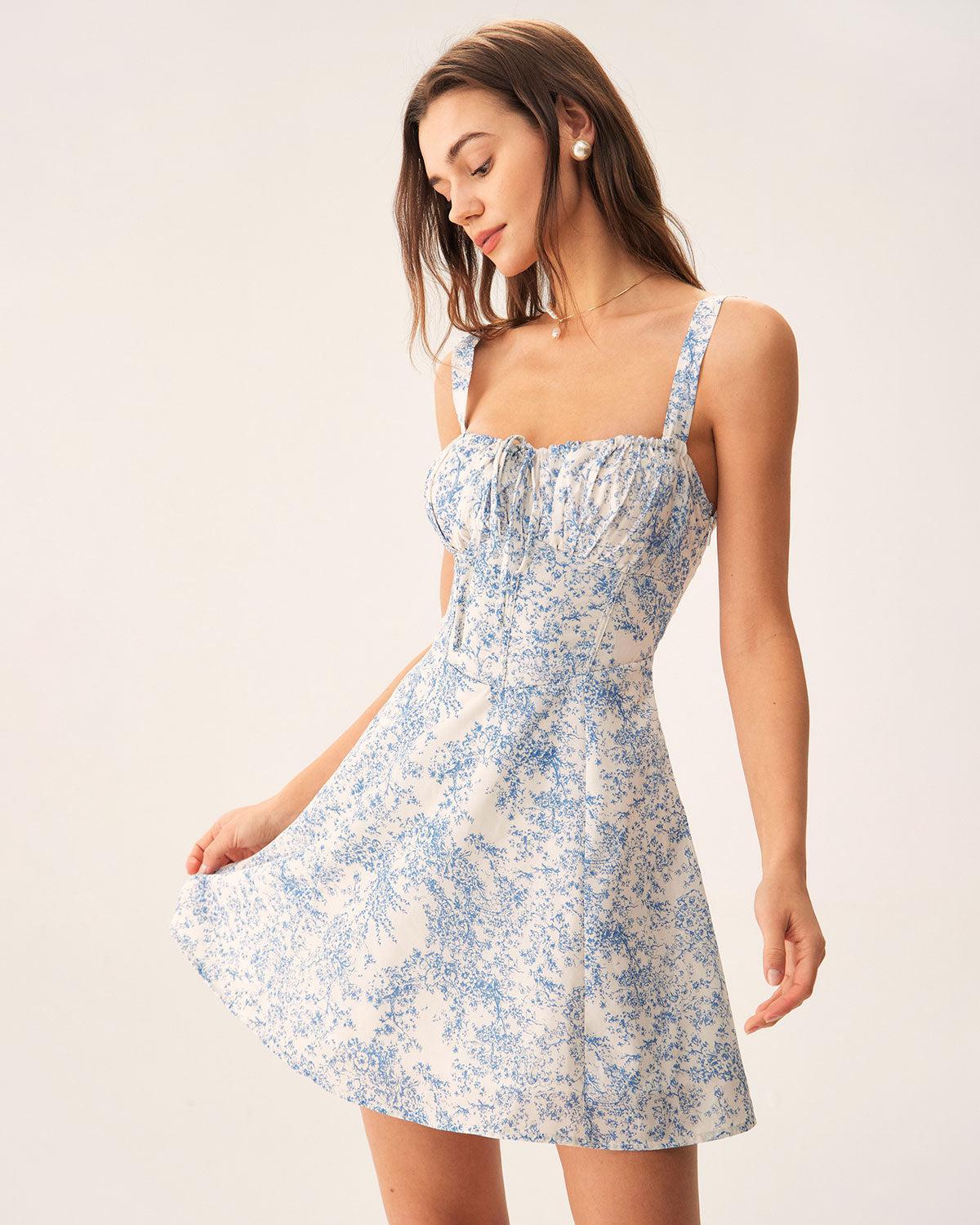 Blue Floral Ruched Slip Corset Mini Dress Product Image