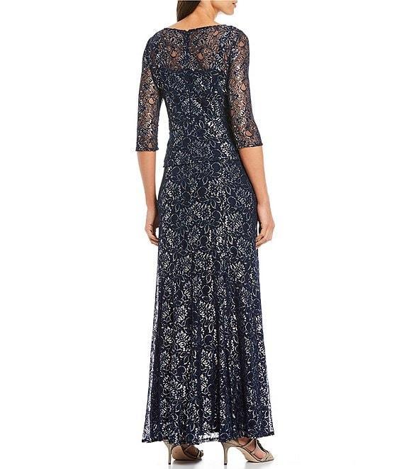 Le Bos Metallic Lace Peplum Round Neck 3/4 Sleeve Gown Product Image