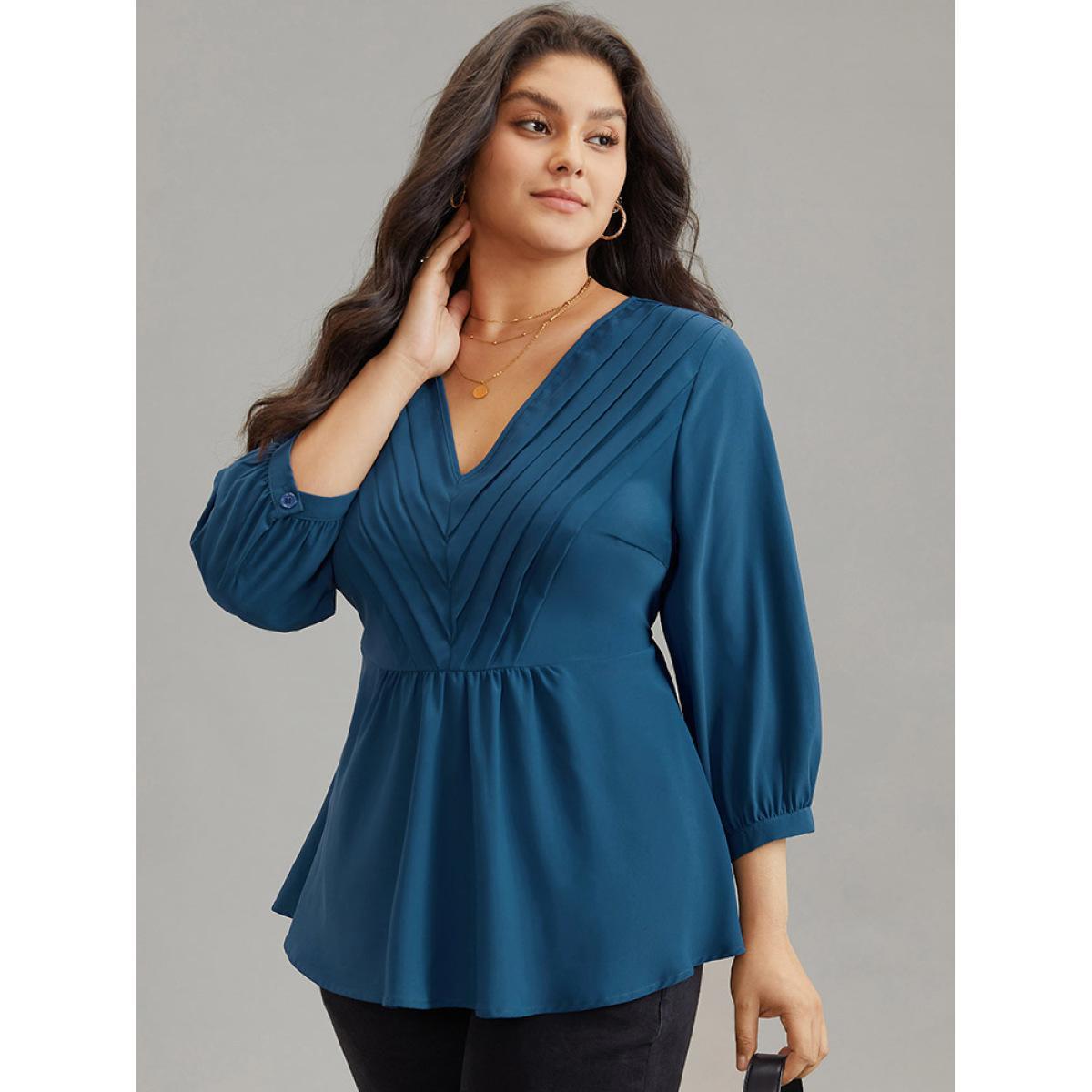 Plus Size Aegean Static-Free Elastic Waist Pleated Lantern Sleeve Blouse Women Office Elbow-length sleeve V-neck Work Blouses BloomChic 22-24/3X Product Image