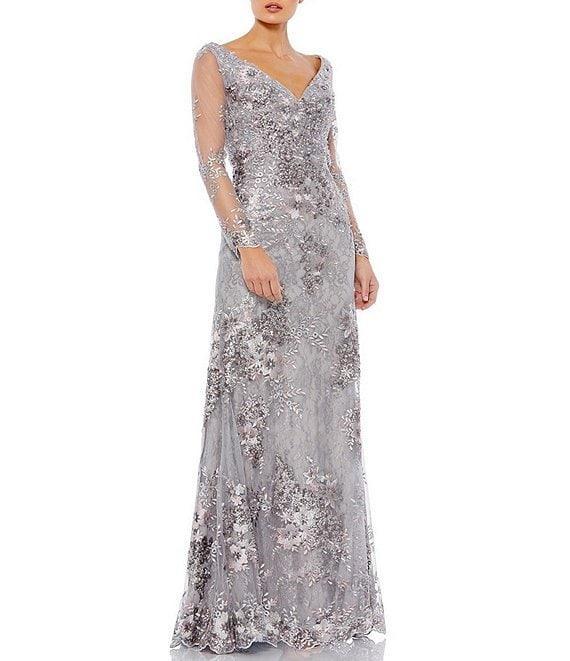 Mac Duggal Floral Embroidered Lace Sequin Embellished V-Neck Illusion Long Sleeve Gown Product Image