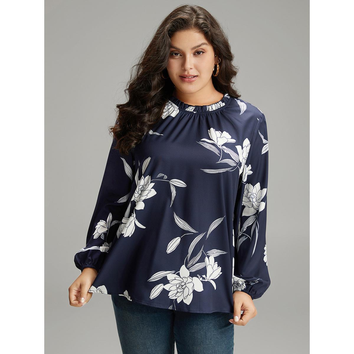 Plus Size Indigo Silhouette Floral Print Frill Trim Pleated Blouse Women Elegant Long Sleeve Round Neck Dailywear Blouses BloomChic 26/4X Product Image