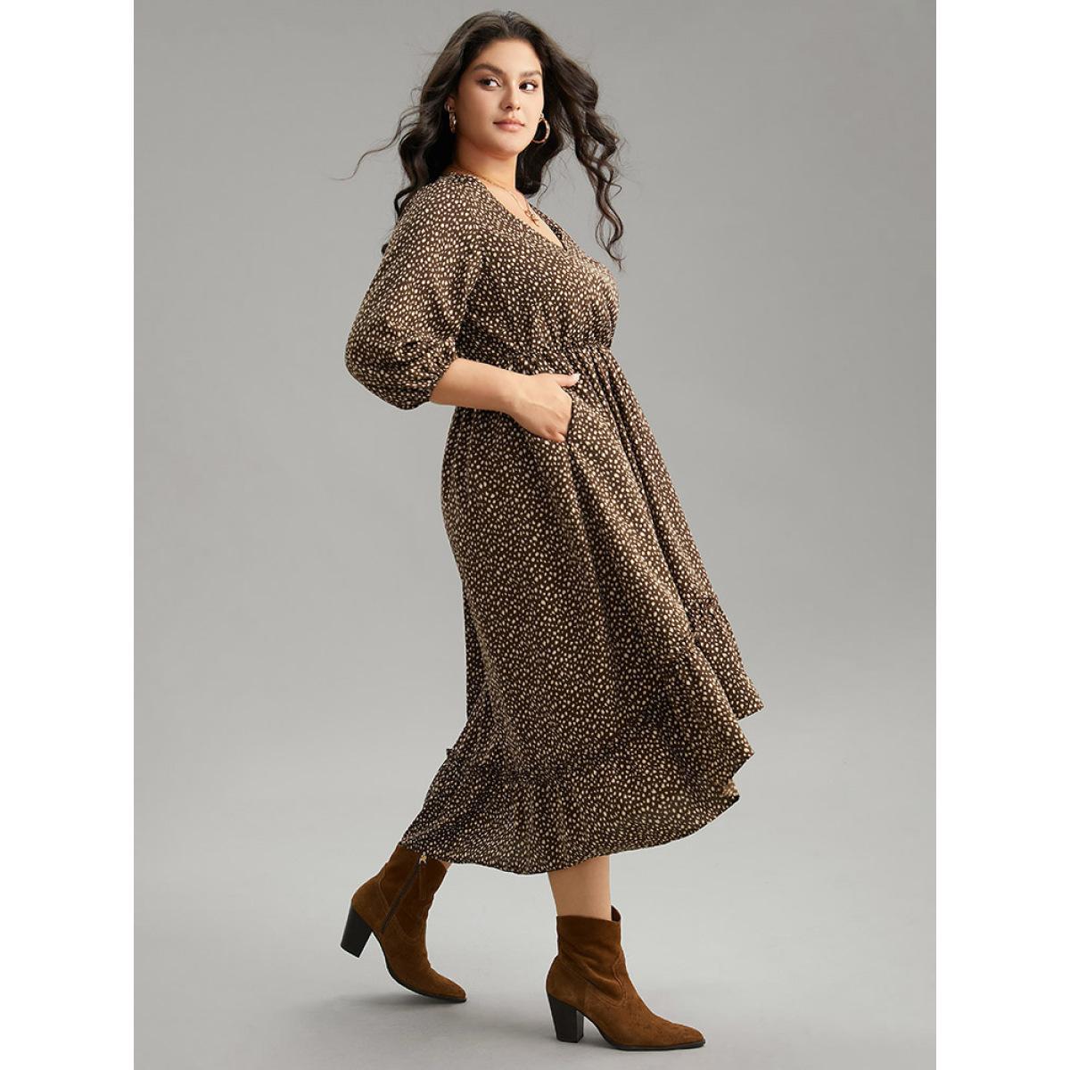 Plus Size Leopard Lantern Sleeve Ruffles Frill Trim Dress DarkBrown Women Vacation Elastic cuffs V-neck Elbow-length sleeve Curvy Midi Dress BloomChic 14-16/1X Product Image