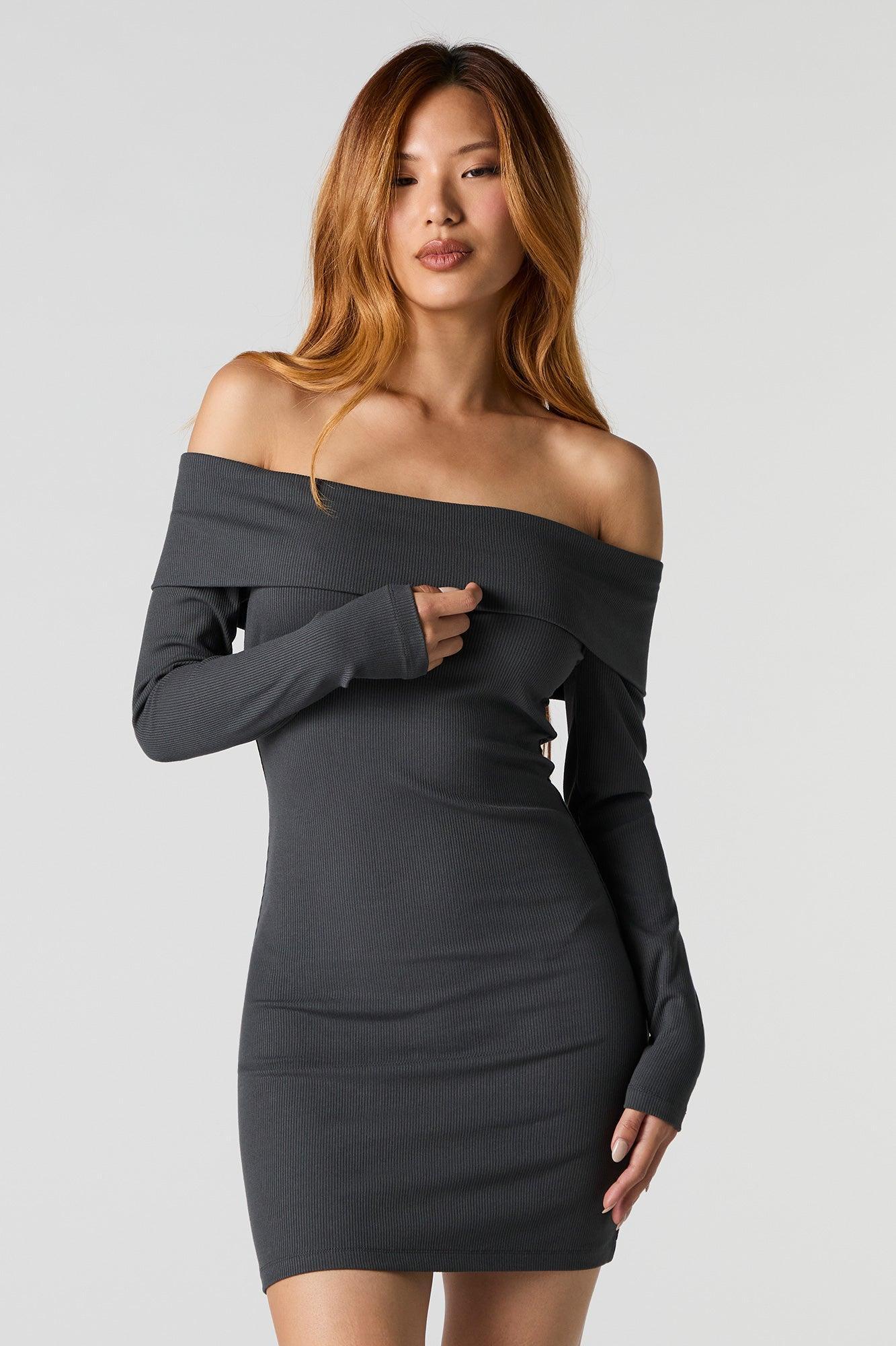 Ribbed Off Shoulder Long Sleeve Mini Dress Female Product Image