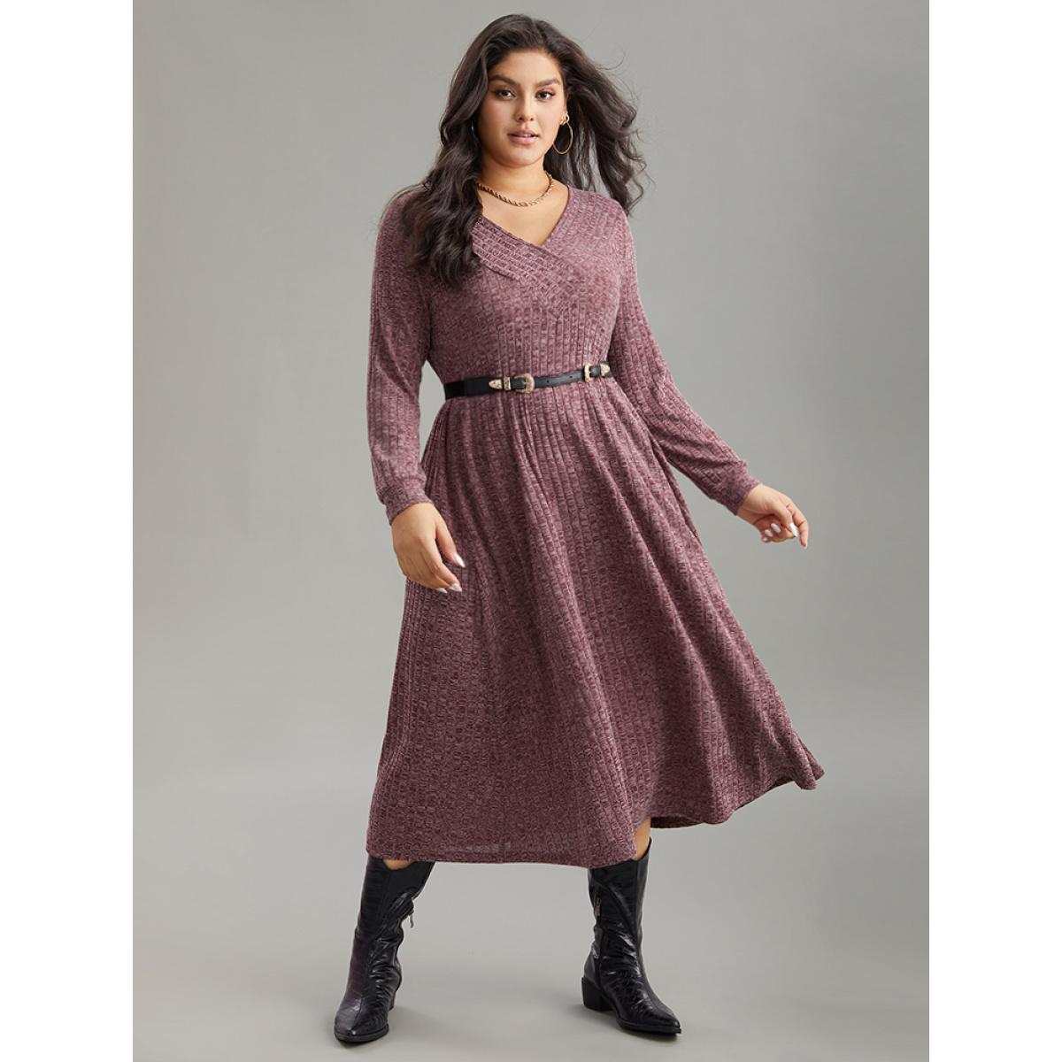 Plus Size Rib Knit Plain Plisse Long Sleeve Dress Purple Women Casual Rib Knit V-neck Long Sleeve Curvy Midi Dress BloomChic 12/L Product Image