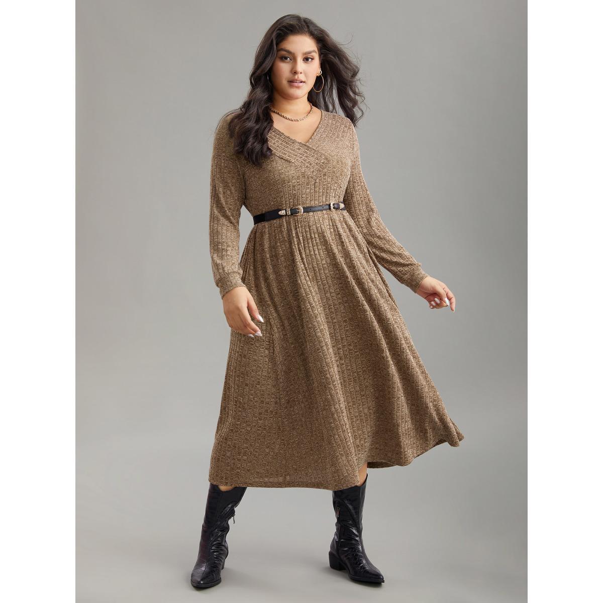 Plus Size Rib Knit Plain Plisse Long Sleeve Dress Yellowishbrown Women Casual Rib Knit V-neck Long Sleeve Curvy Midi Dress BloomChic 28/5X Product Image