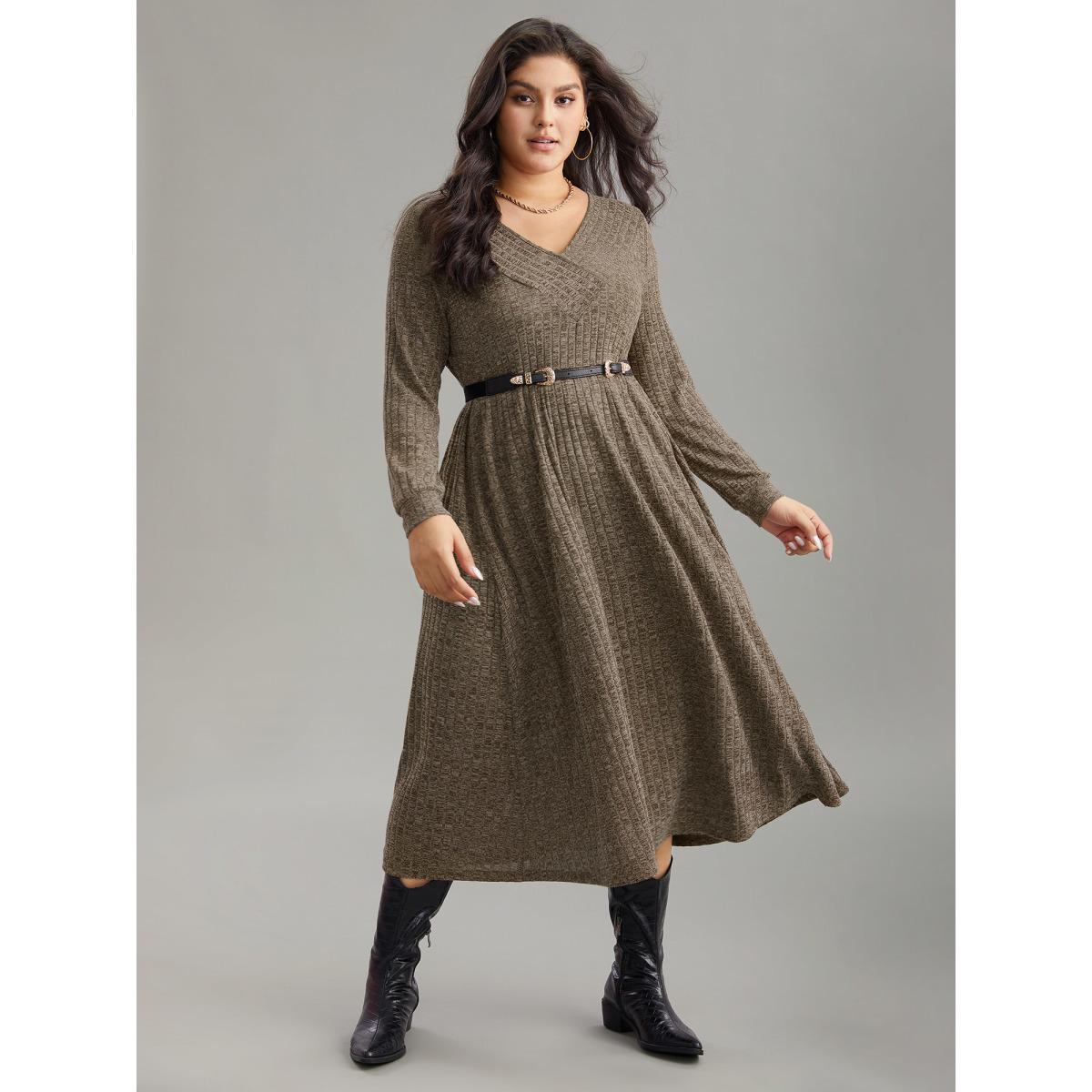 Plus Size Rib Knit Plain Plisse Long Sleeve Dress DarkBrown Women Casual Rib Knit V-neck Long Sleeve Curvy Midi Dress BloomChic 18-20/2X Product Image
