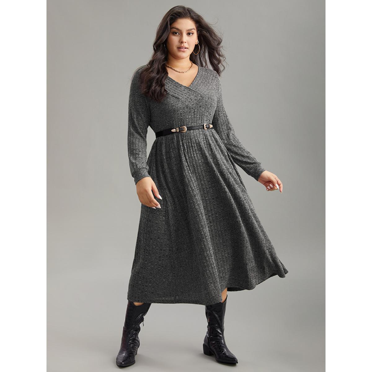 Plus Size Rib Knit Plain Plisse Long Sleeve Dress DarkGray Women Casual Rib Knit V-neck Long Sleeve Curvy Midi Dress BloomChic 28/5X Product Image