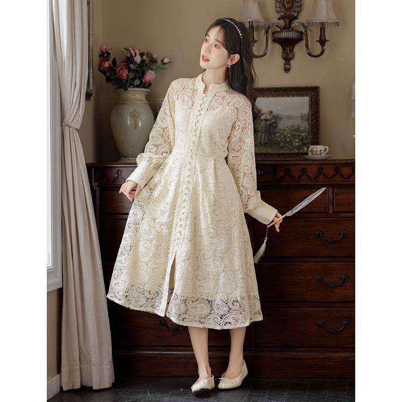 Flower Embroidered Fluffy Trim Bow Crop Vest / Puff-Sleeve Paisley Embroidered Lace Midi A-Line Dress Product Image