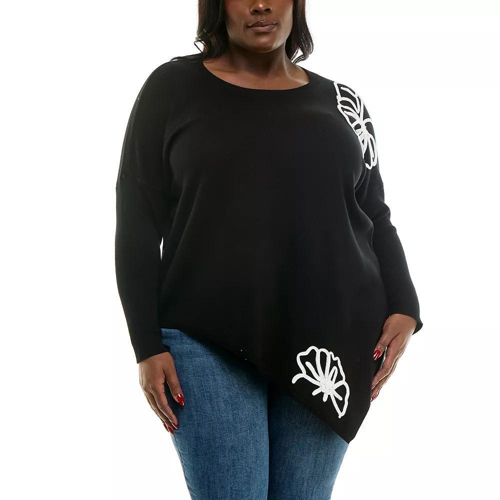 Plus Size Nina Leonard Oversized Floral Pattern Sweater, Women's, Size: 2XL, Black Ivory Product Image