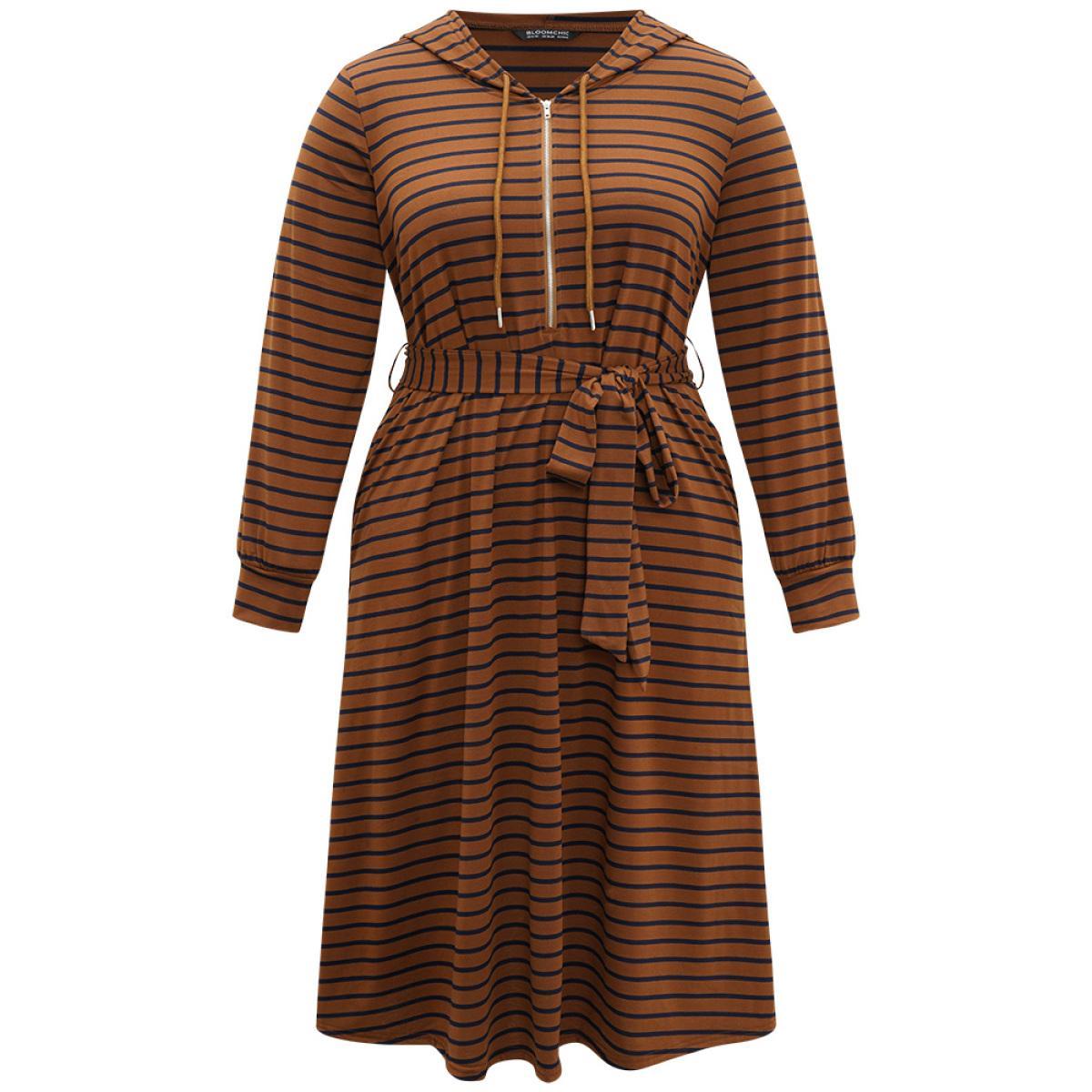 Plus Size Striped Belted Zipper Drawstring Dress Brown Women Casual Belted Hooded Long Sleeve Curvy Midi Dress BloomChic 10/M Product Image