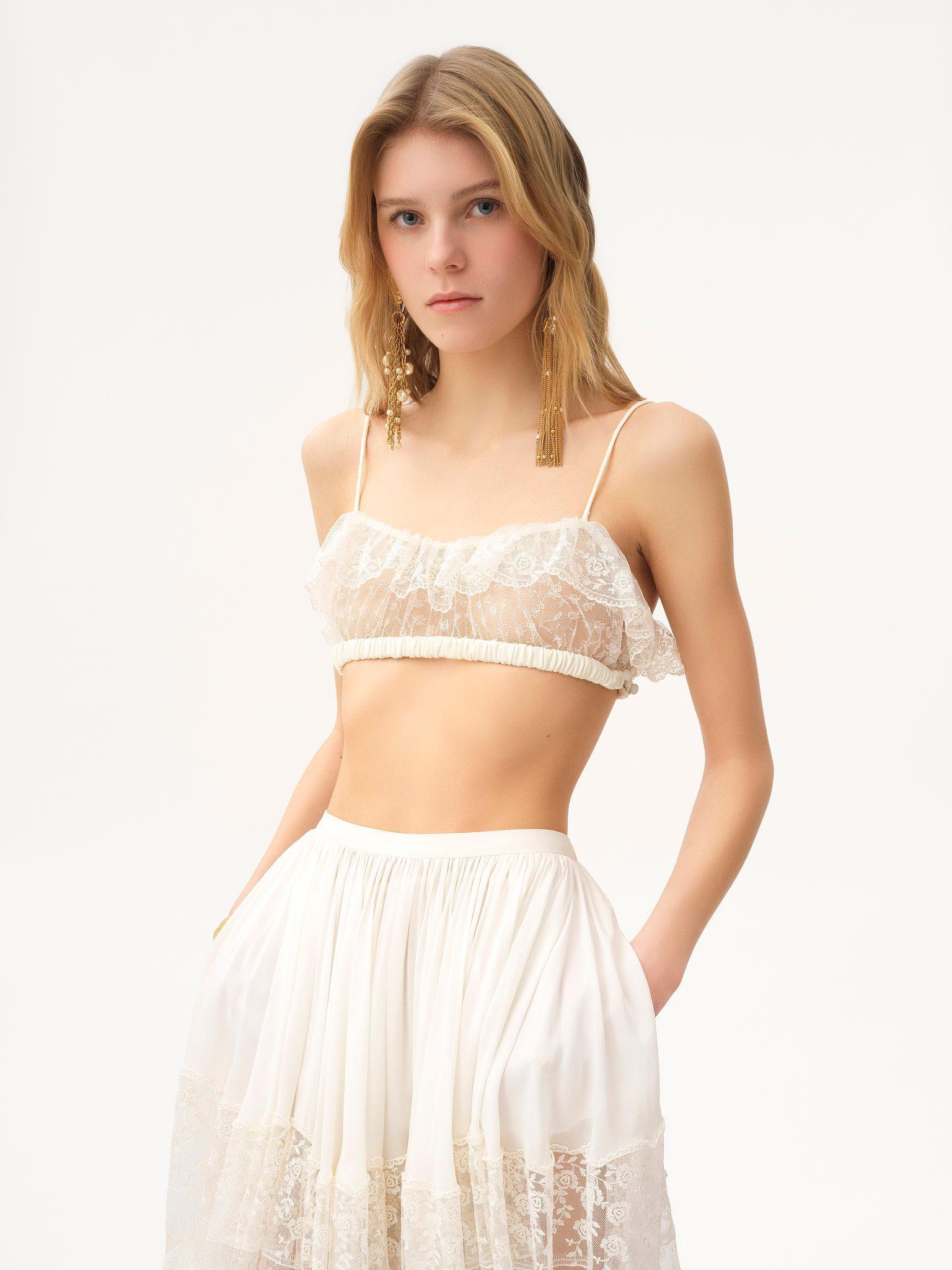 Thin-strap ruffled bralette in embroidered lace Product Image