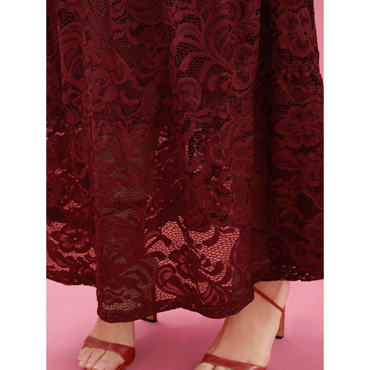 Plus Size Solid Crochet Lace Lantern Sleeve Pocket Flutter Maxi Dress Scarlet Women Glamour See through V-neck Long Sleeve Curvy Long Dress BloomChic 28/5X Product Image
