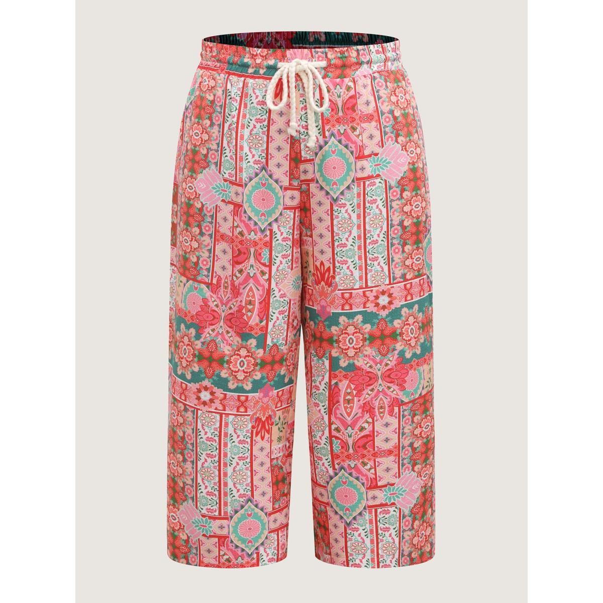 Plus Size Floral Collage Stretchy Waist Wide-Leg Pants Women Multicolor Casual Wide Leg Mid Rise Everyday-Casual Pants BloomChic 28/5X Product Image