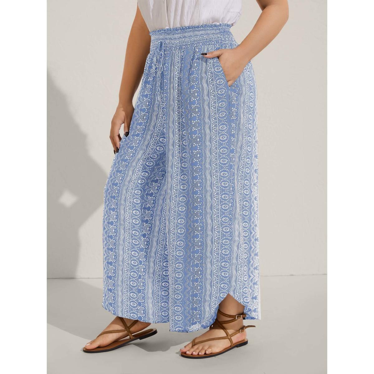 Plus Size Boho Print Shirred Waist Wide-Leg Pants Women Lemonyellow Resort Wide Leg Mid Rise Vacation Pants BloomChic 18-20/2X Product Image