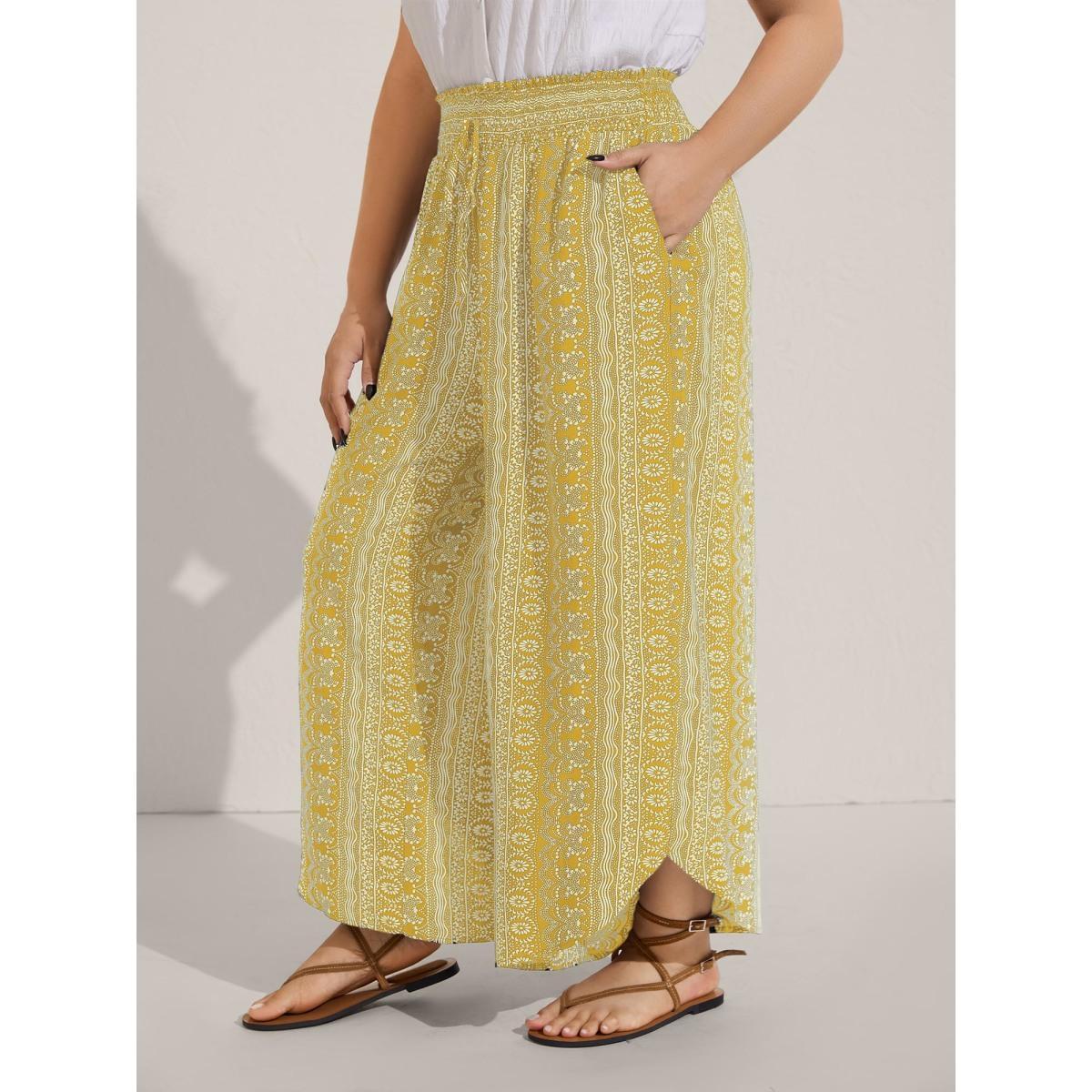 Plus Size Boho Print Shirred Waist Wide-Leg Pants Women Lemonyellow Resort Wide Leg Mid Rise Vacation Pants BloomChic 18-20/2X Product Image
