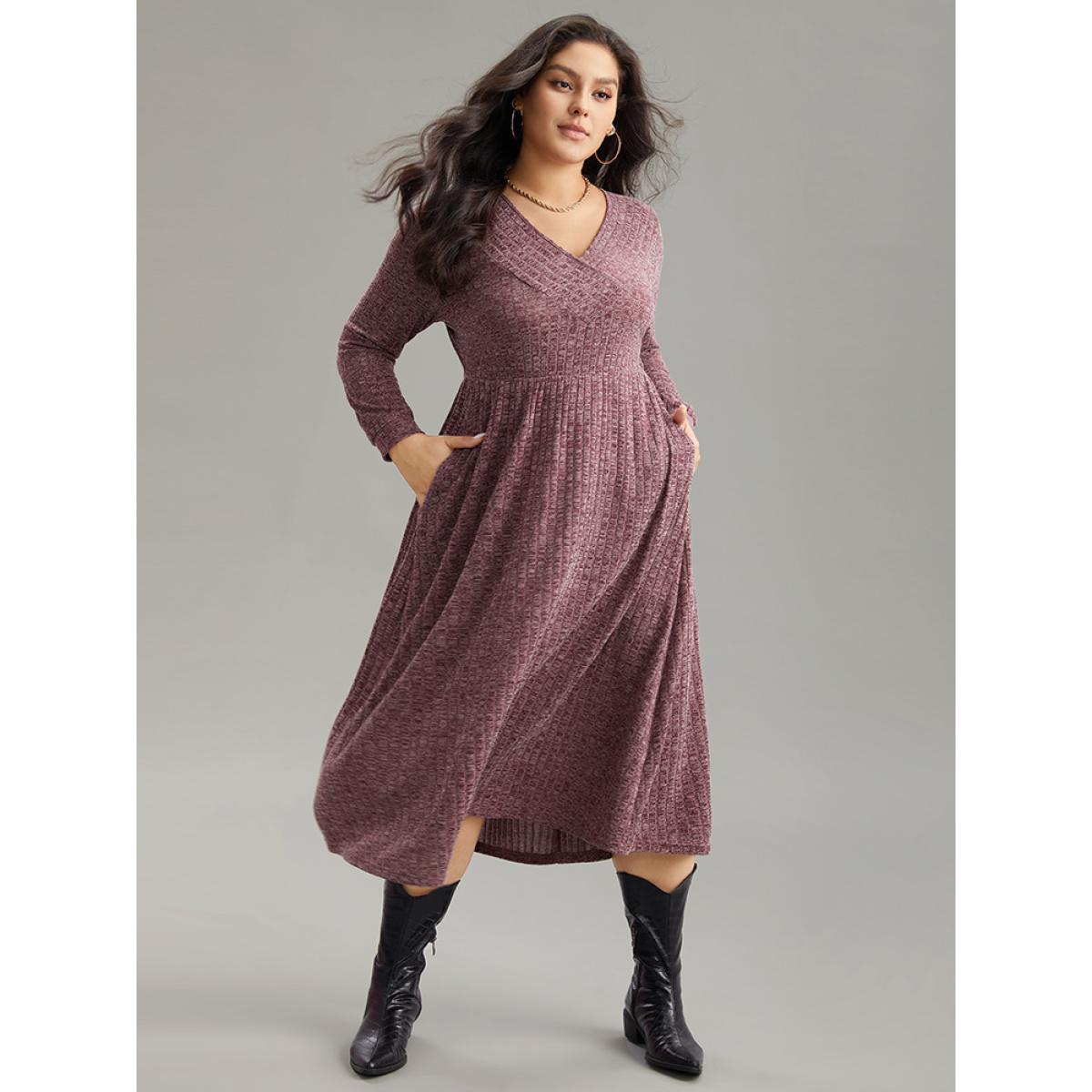 Plus Size Rib Knit Plain Plisse Long Sleeve Dress Purple Women Casual Rib Knit V-neck Long Sleeve Curvy Midi Dress BloomChic 12/L Product Image