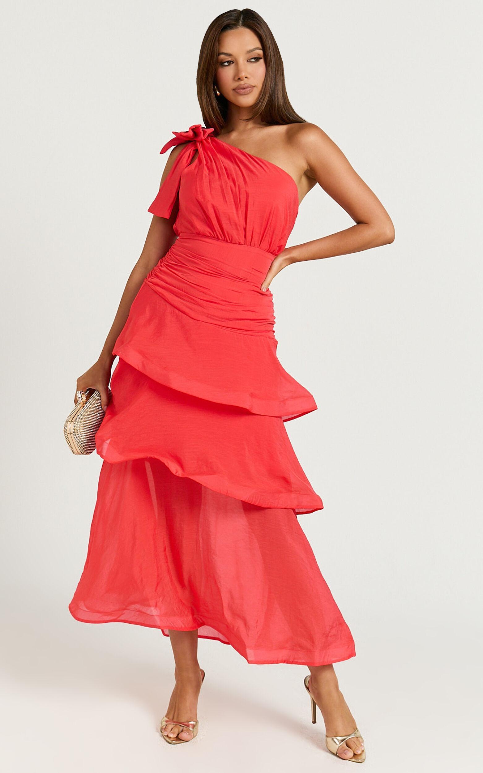 Eugenia Midi Dress - One Shoulder Fit and Flare Layered Dress in Red Product Image