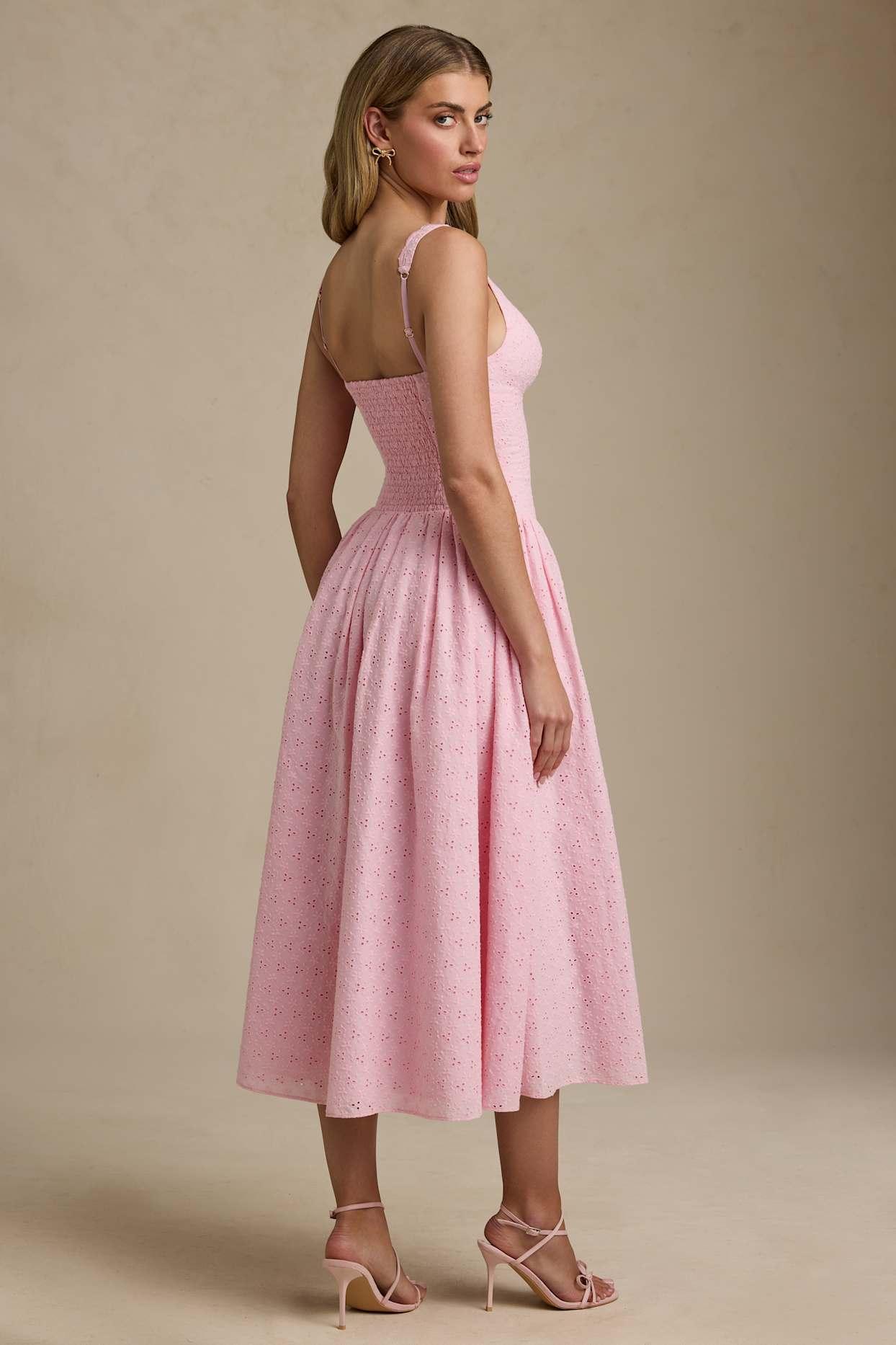 Broderie Anglaise Bow-Detail A-Line Midaxi Dress in Soft Pink Product Image