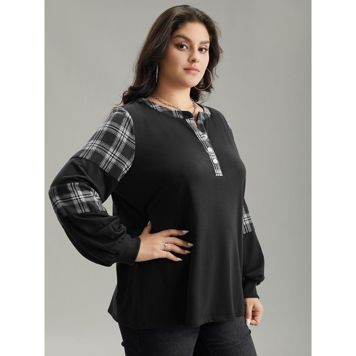 Plus Size Plaid Patchwork Button Up Rib Knit Sweatshirt Women Black Casual Elastic cuffs Open Front Dailywear Sweatshirts BloomChic 30/6X Product Image