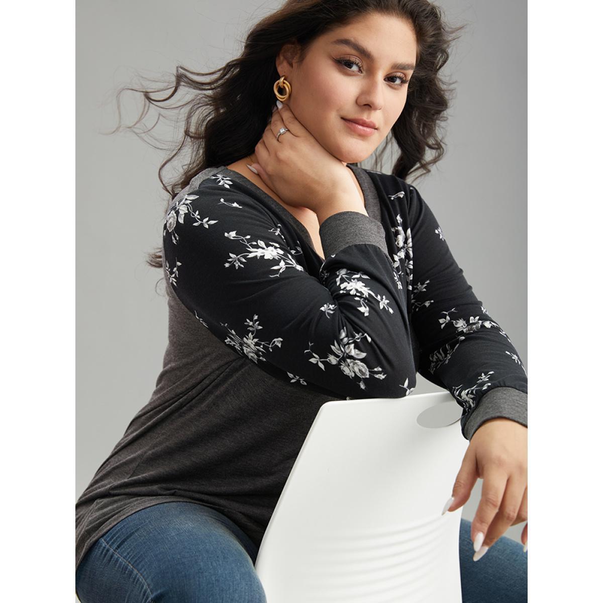 Plus Size Floral Print Patchwork Button Up T-shirt DimGray Women Elegant Printed Patchwork V-neck Dailywear T-shirts BloomChic 12/L Product Image