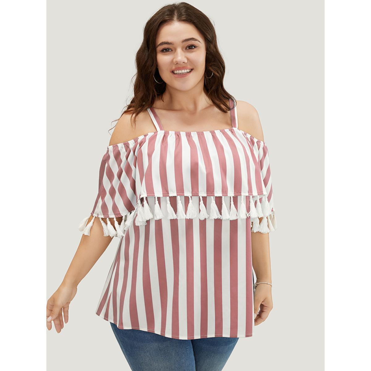 Plus Size DustyPink Striped Print Tassels Trim Cold Shoulder Blouse Women Vacation Sleeveless Cold Shoulder Dailywear Blouses BloomChic 10/M Product Image
