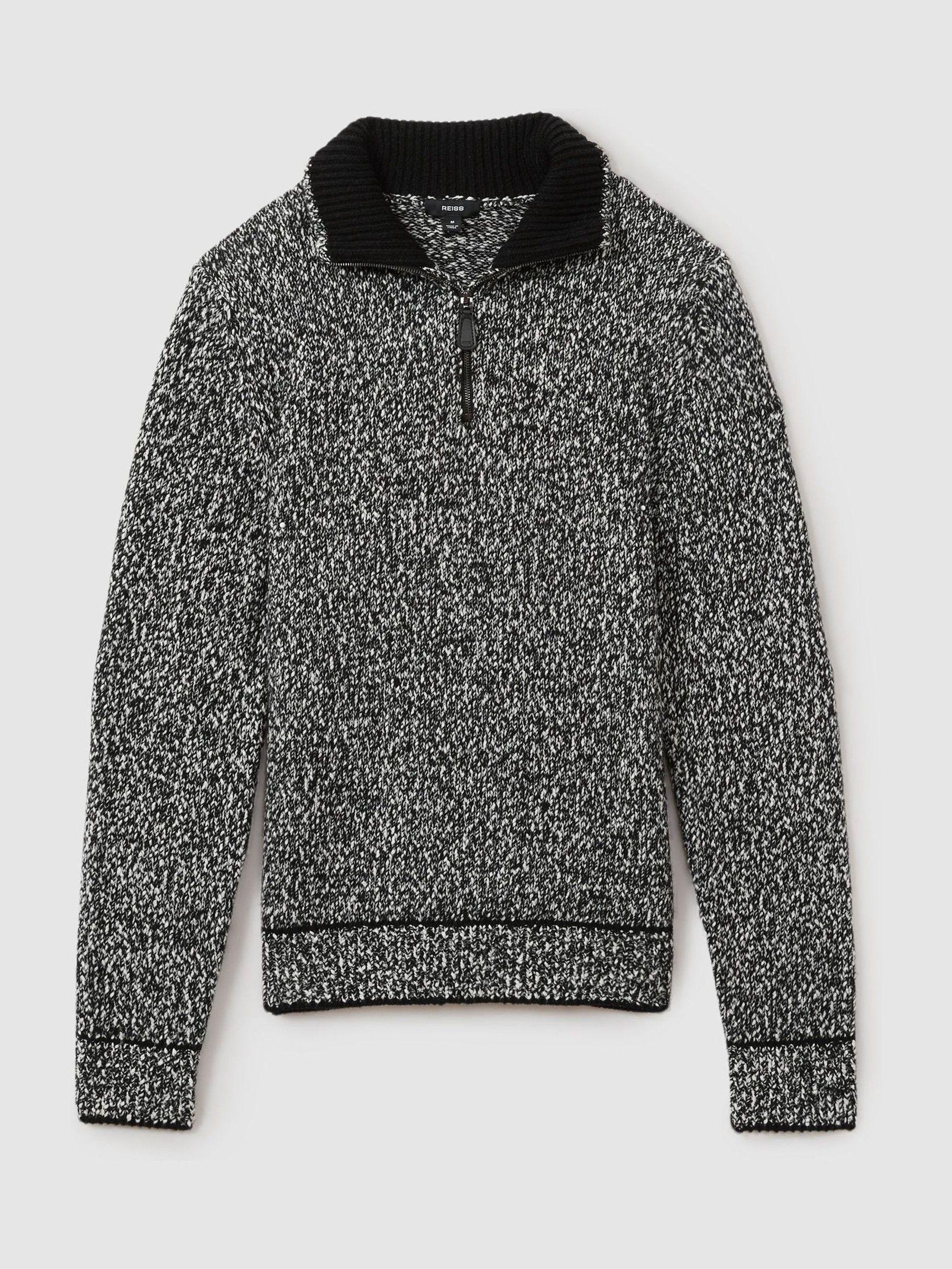Marled Cotton and Wool Funnel-Neck Jumper in Black/White Product Image