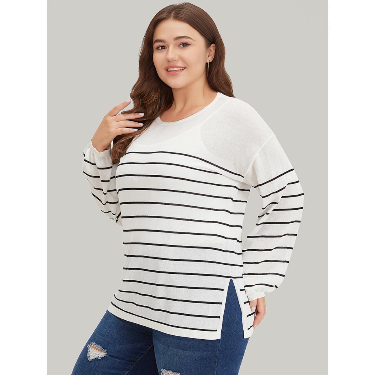 Plus Size Striped Split Side Lightweight Elastic Cuffs Pullover White Women Casual Loose Long Sleeve Round Neck Everyday Pullovers BloomChic 30/6X Product Image