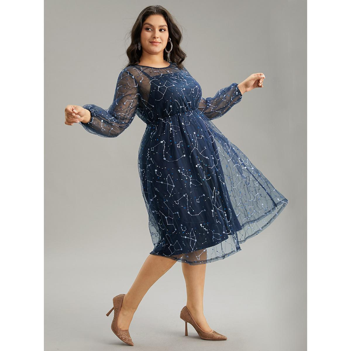 Plus Size Galaxy Sequin Mesh Embroidered Patchwork Dress Indigo Women Glamour Sequin Round Neck Long Sleeve Curvy Midi Dress BloomChic 26/4X Product Image