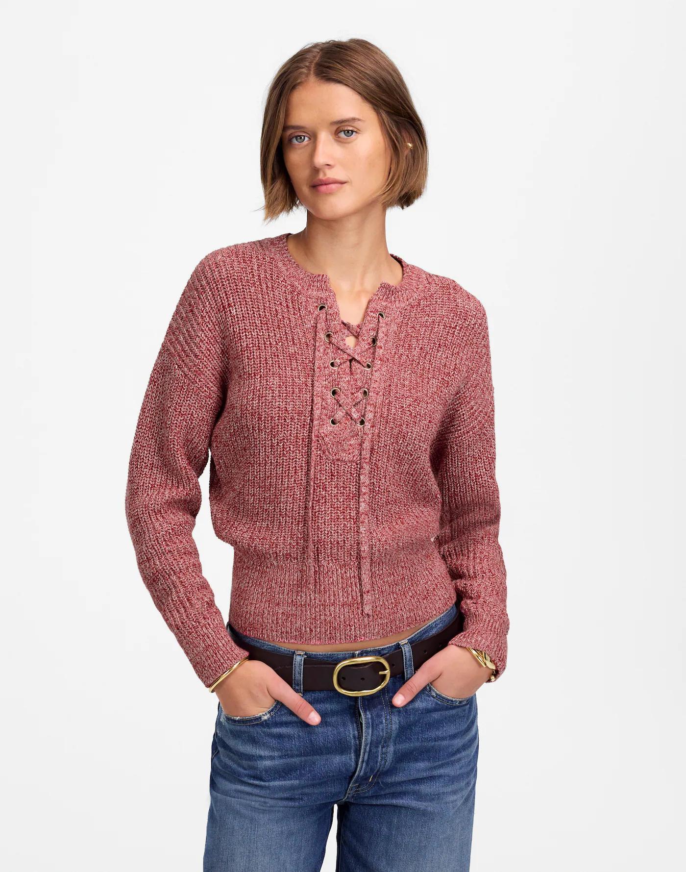 Marled Ribbed Lace-Up Sweater Product Image