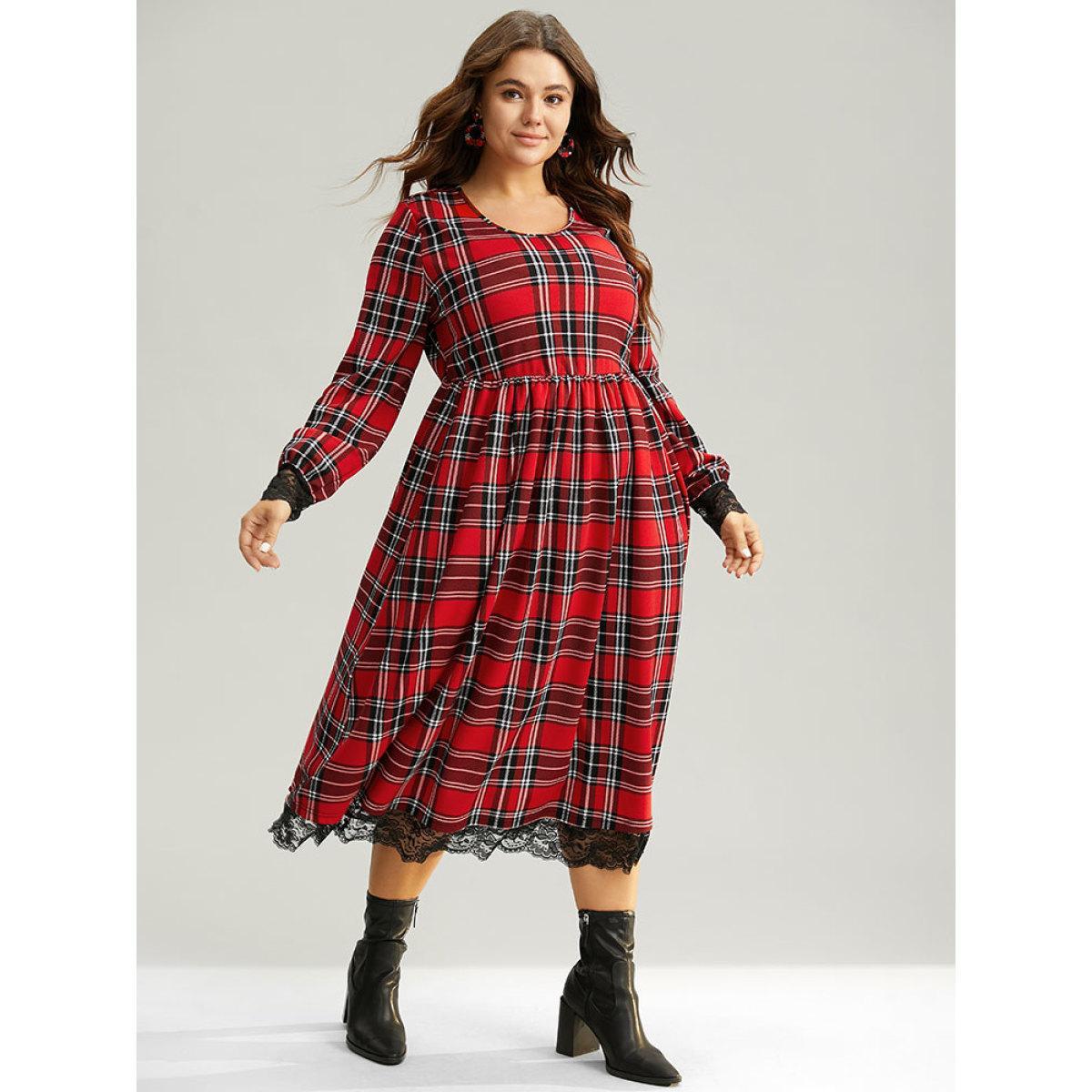 Plus Size Plaid Guipure Lace Elastic Waist Gathered Dress Raspberry Women Casual Printed Round Neck Long Sleeve Curvy Midi Dress BloomChic 18-20/2X Product Image