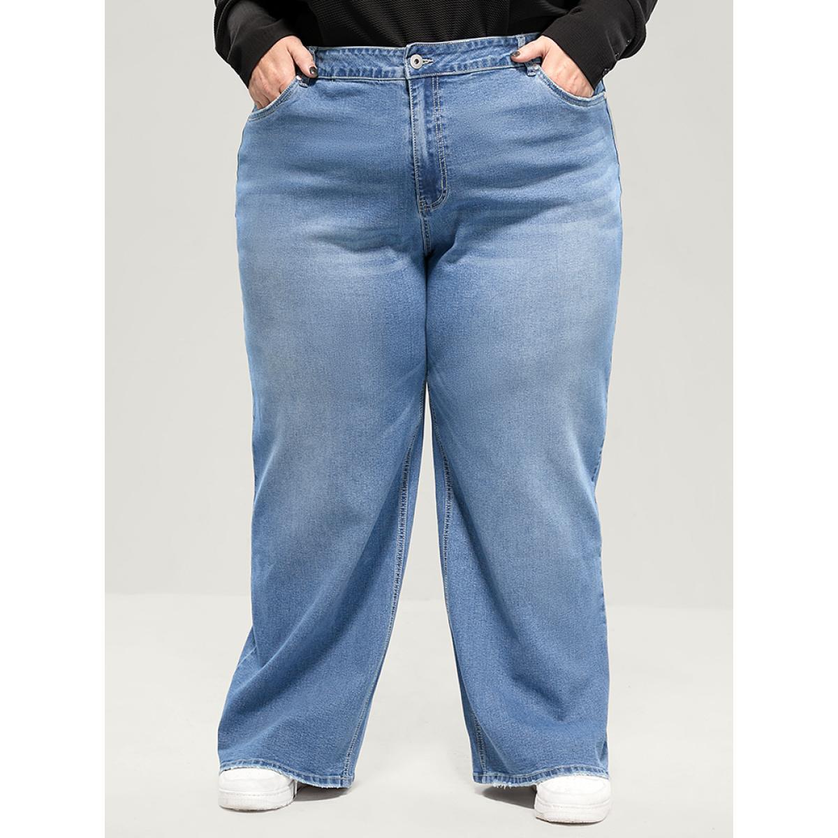 Plus Size Boyfriend Wide Leg Slightly Stretchy High Rise Medium Wash Jeans Women Stone Casual Plain Low stretch Pocket Jeans BloomChic 14/1X Product Image